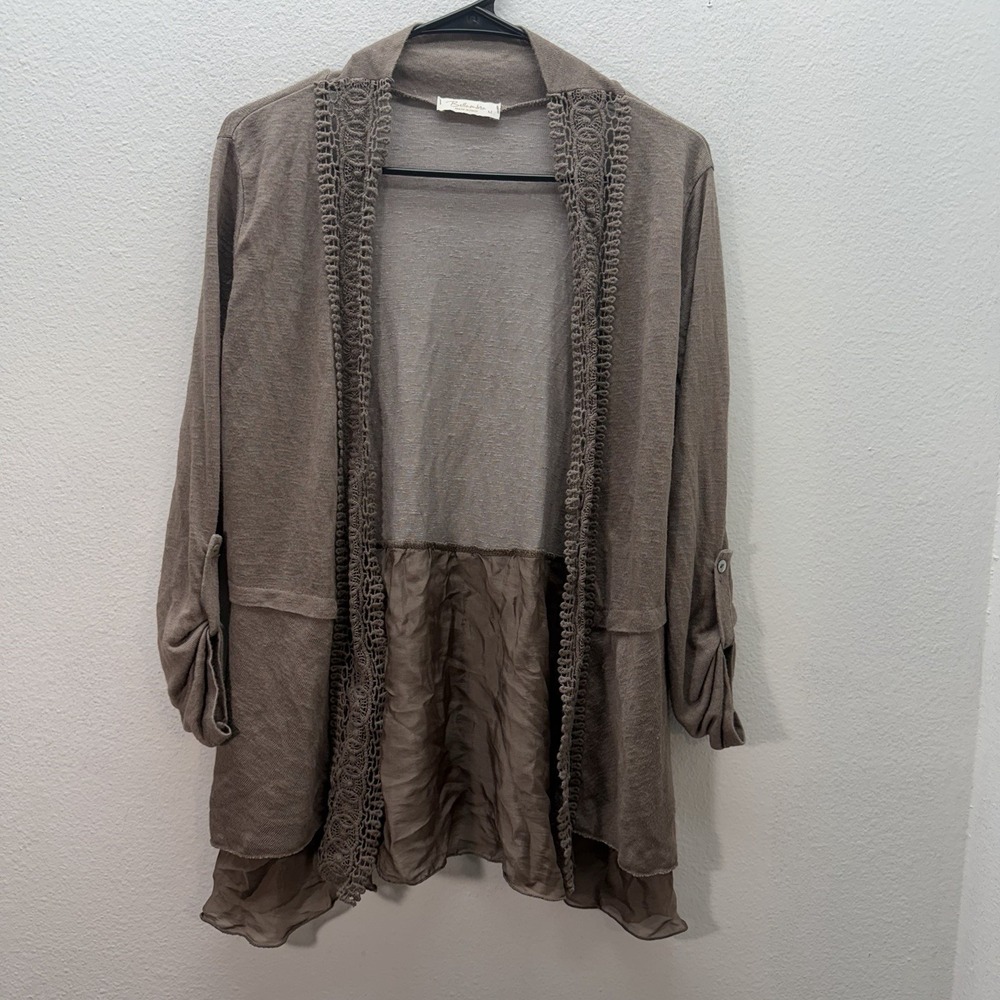 Bellambra Italy Brown Silk Blend Boho Open Front Cardigan Lace Lagenlook SZ M